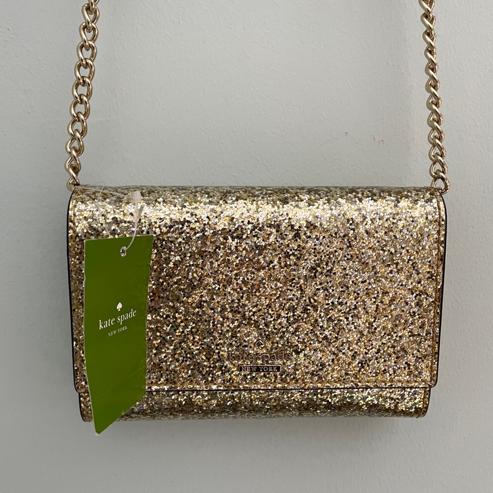 KATE SPADE GENUINE LEATHER AND GOLD GLITTER CROSSBODY BAG